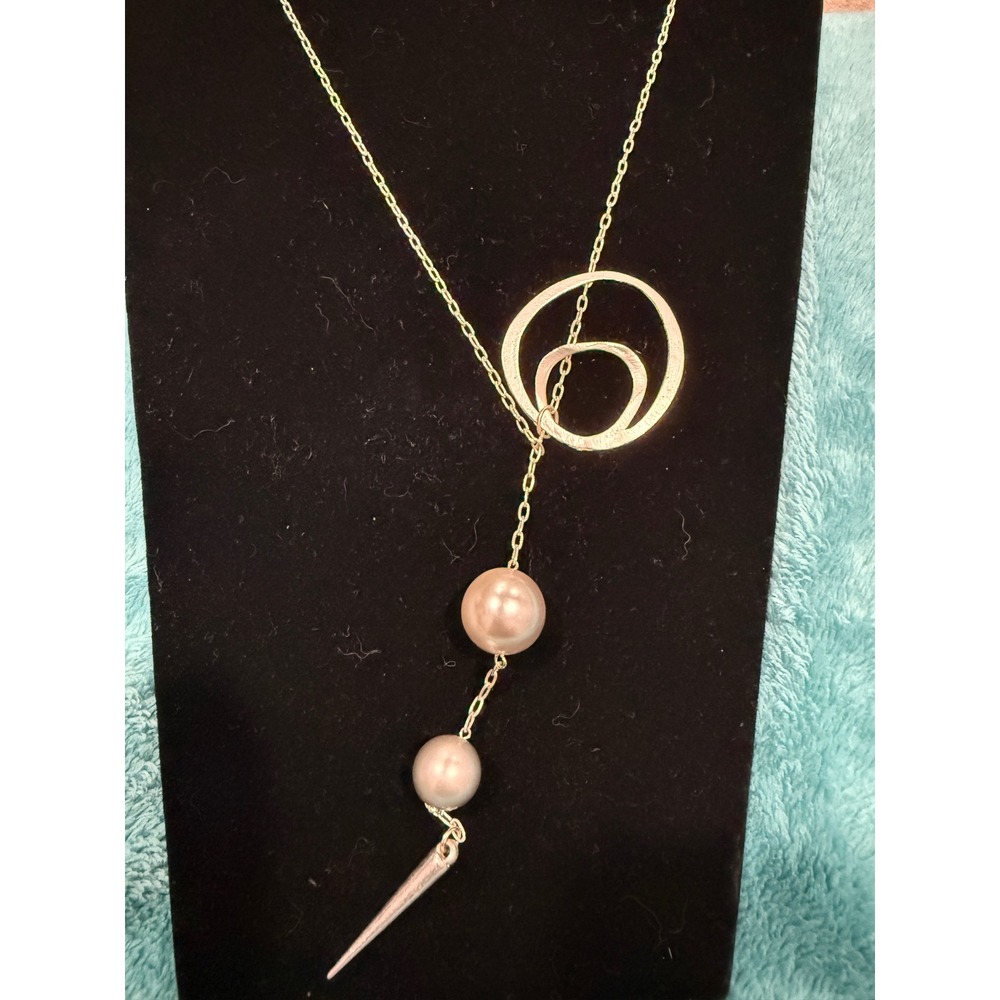 Modernist Silver Tone Lariat Necklace Faux Pearl Geometric Spike Y-Necklace 34"